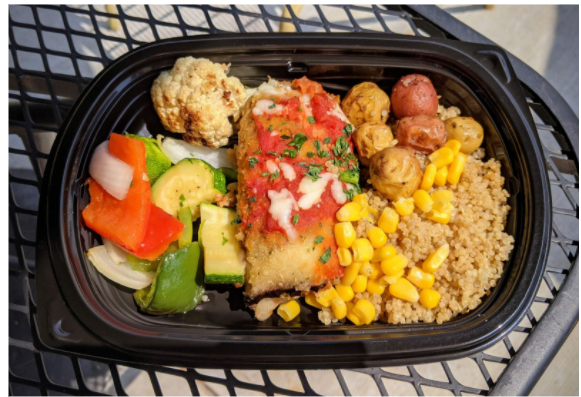 Hot Bar bowl: eggplant lasagna, mixed vegetables, corn, roasted potatoes, quinoa 