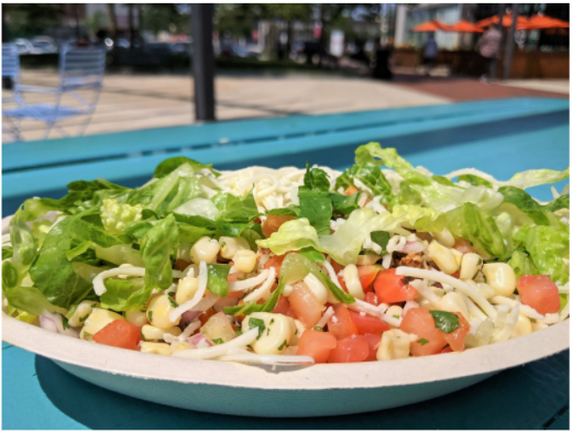 Burrito bowl: white rice, chicken, pico de gallo, corn, lettuce, cheese